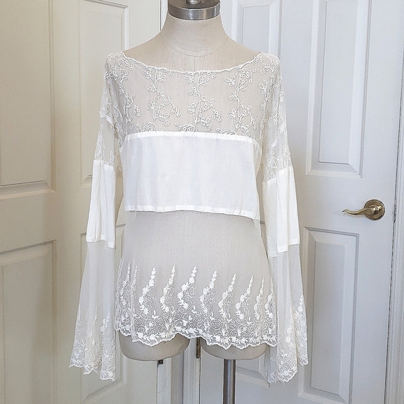 FREE PEOPLE Sheer Embroidered Top Bell Sleeves Cream - Picture 3 of 15